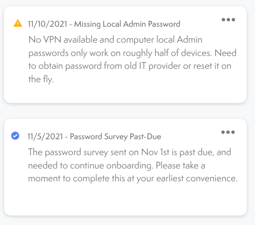 Client Onboarding Communication Log Entry About Missing Local Admin Password for Remote Sevices